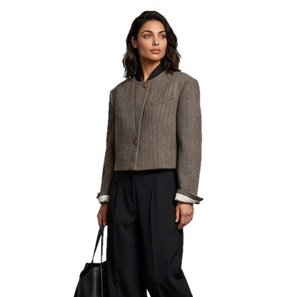 Ladies Short Cut Wool Blazer with Stand-up Collar and Herringbone Pattern EVA-US
