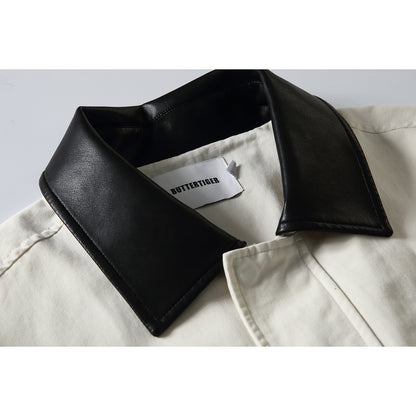 Men's short-cut boxy blouson jacket with faux leather collar, drawstring hem, and snap button cuffs EVA-US