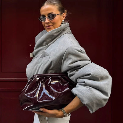 Women quilted oversized blazer with high shawl collar and waist belt EVA-US