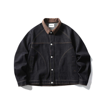 Men's Boxy Denim Jacket with Cord Collar and Snap Button Placket EVA-US