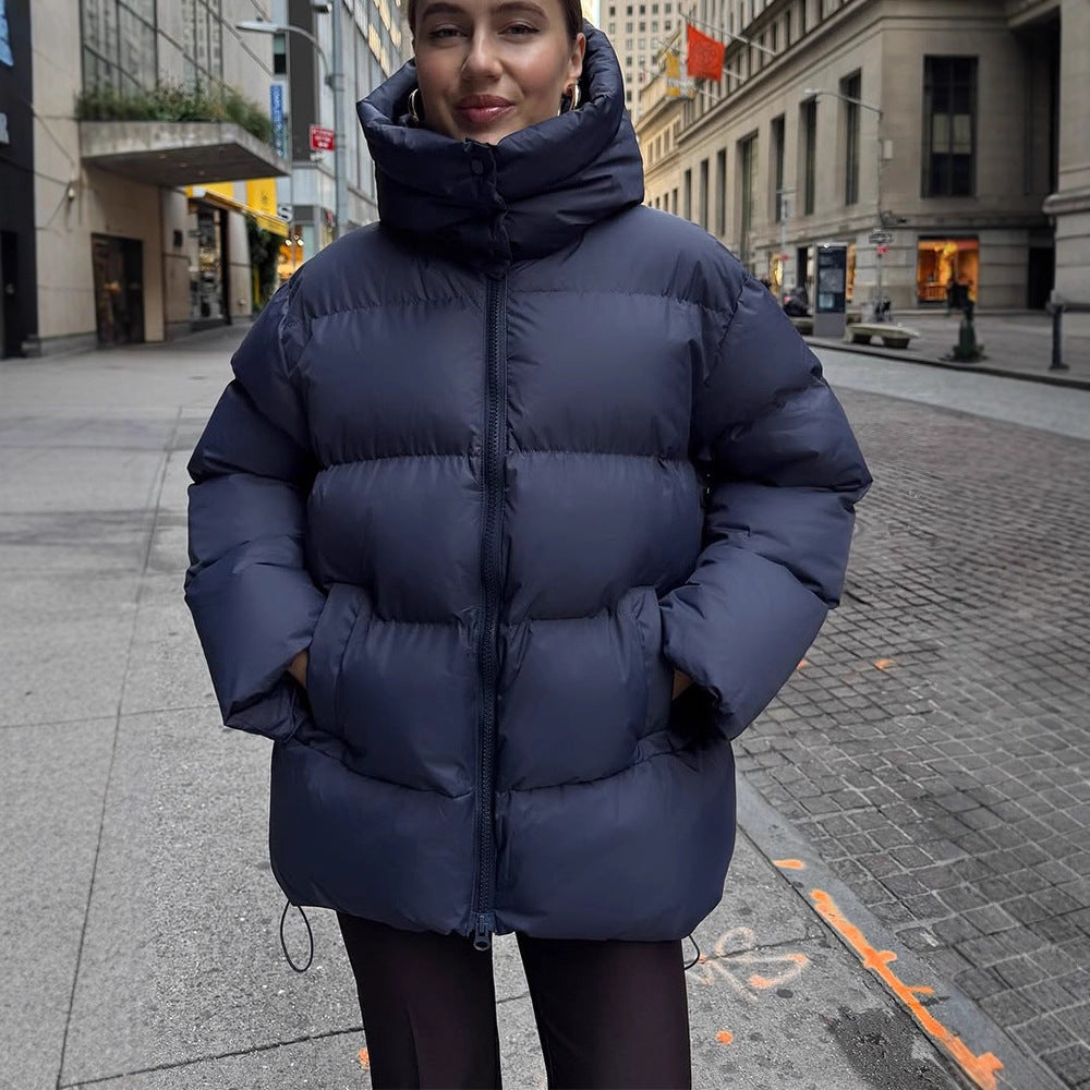 Women's Oversize Quilted Puffer Jacket with Removable Hood and Two-Way Zipper EVA-US
