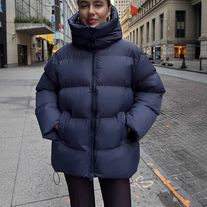 Women's Oversize Quilted Puffer Jacket with Removable Hood and Two-Way Zipper EVA-US