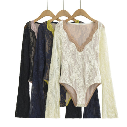 Women's lace bodysuit with long sleeves, deep V-neck and fine tulle lace.