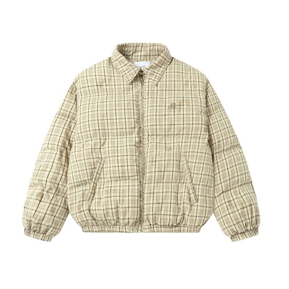 Unisex Short Cut Checked Padded Jacket with High Collar and Elastic Hem EVA-US