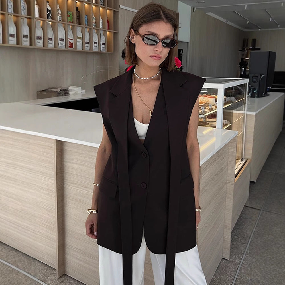 Women Sleeveless Long Blazer Vest with Structured Shoulders and Long Ties EVA-US