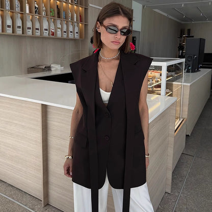 Women Sleeveless Long Blazer Vest with Structured Shoulders and Long Ties EVA-US