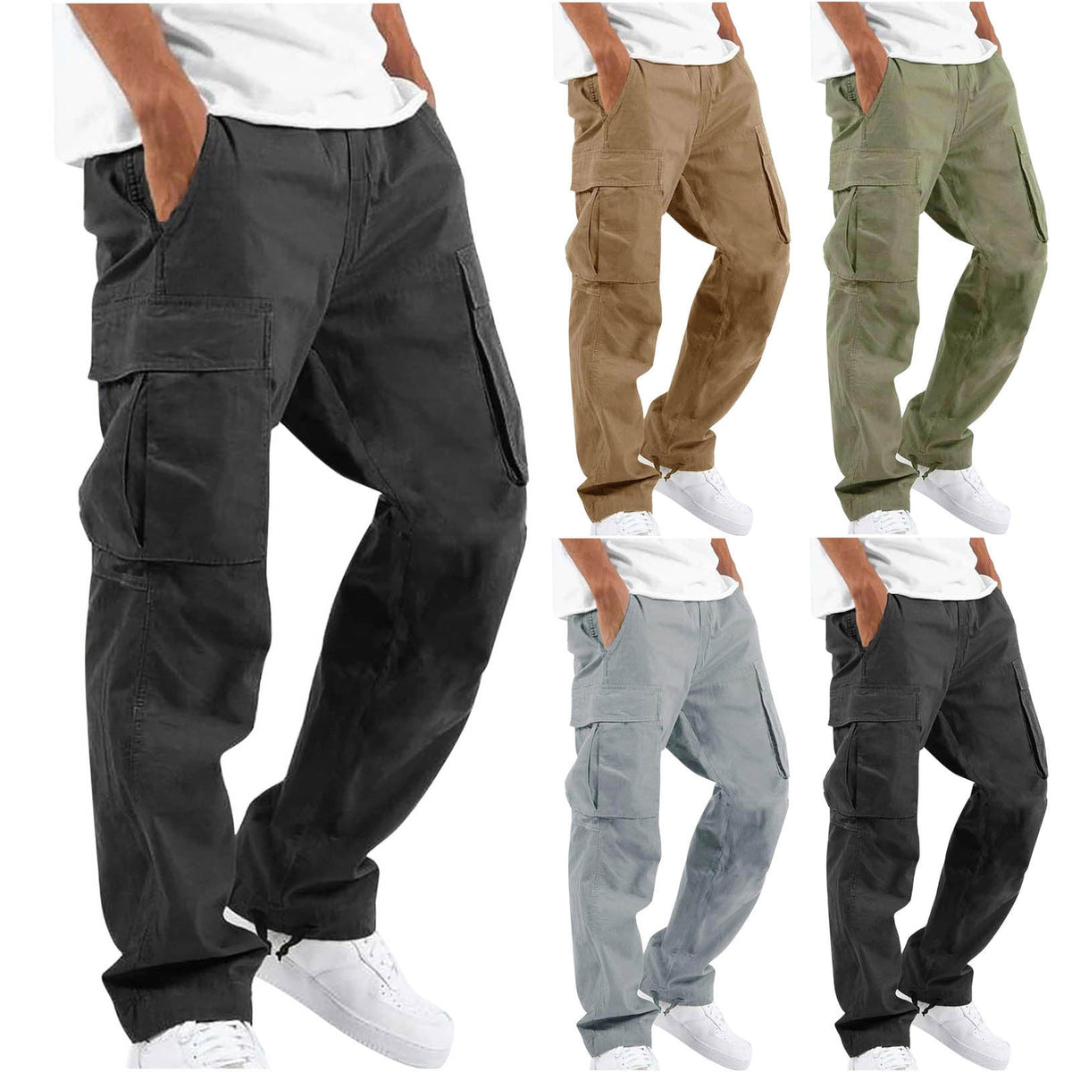 Men's casual cotton cargo pants with multi-pockets and adjustable hem EVA-US