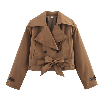 Women Short Cropped Trench Coat with Wide Shawl Collar, Waist Belt to Tie and Decorative Cuffs EVA-US
