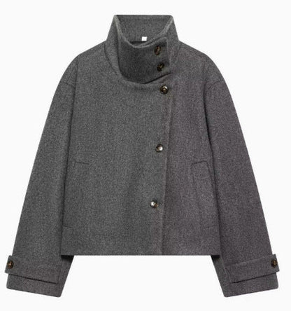 Women's 9800+ short boxy wool blend jacket with high funnel collar, asymmetrical button placket and adjustable cuffs EVA-US