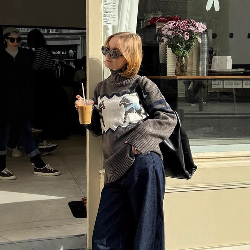 Women’s Oversized Turtleneck Sweater with Norwegian Intarsia and Ribbed Cuffs EVA-US