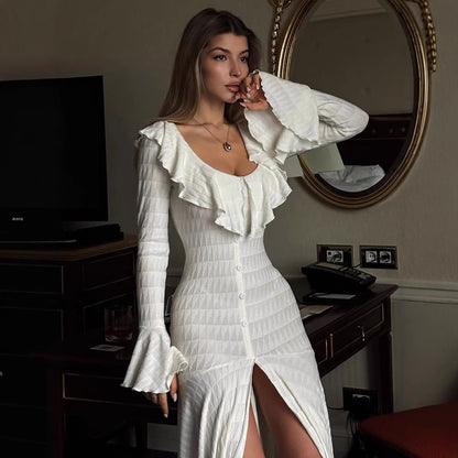 Women's Figure-Hugging Maxi Dress with Ruffle Neckline, Bell Sleeves, and Split EVA-US
