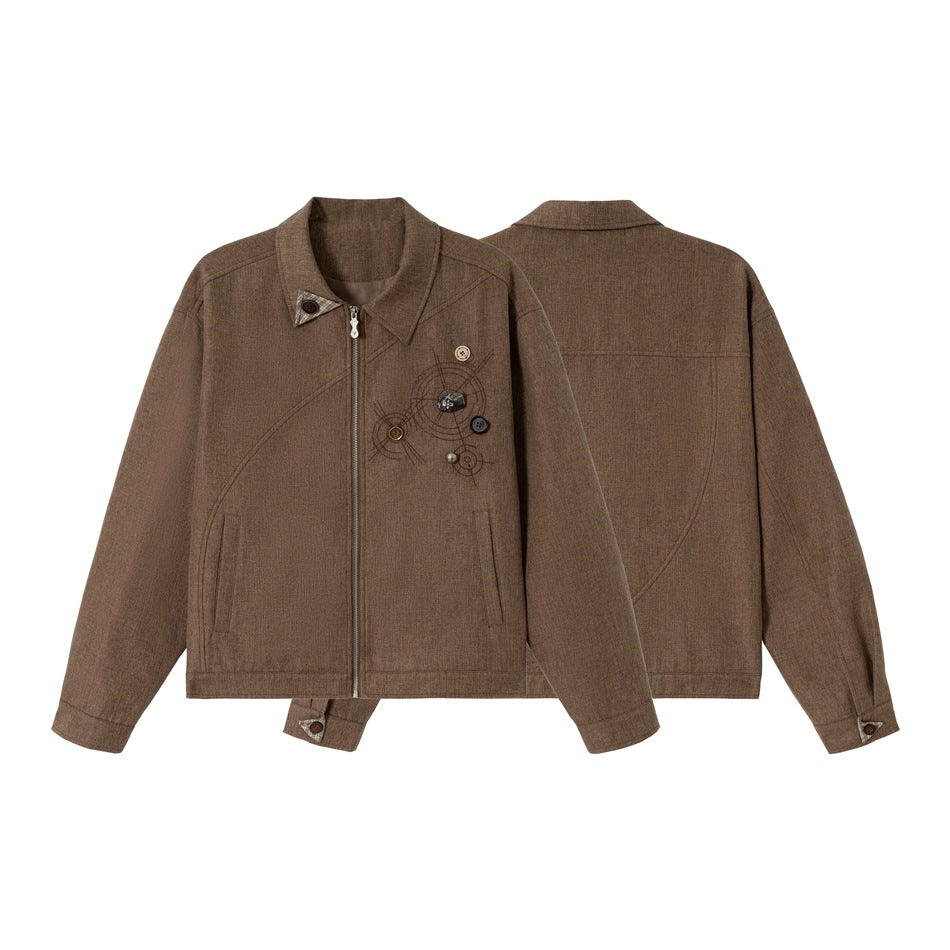 Unisex Stylishly Cut Cotton-Linen Blouson Jacket with Decorative Button Applique EVA-US