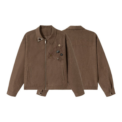 Unisex Stylishly Cut Cotton-Linen Blouson Jacket with Decorative Button Applique EVA-US