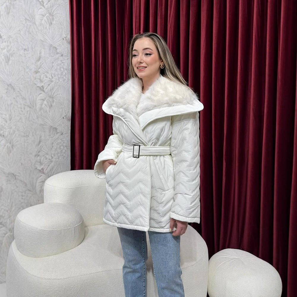 Ladies Shiny Padded Jacket with Waist Belt and Voluminous Faux Fur Collar EVA-US