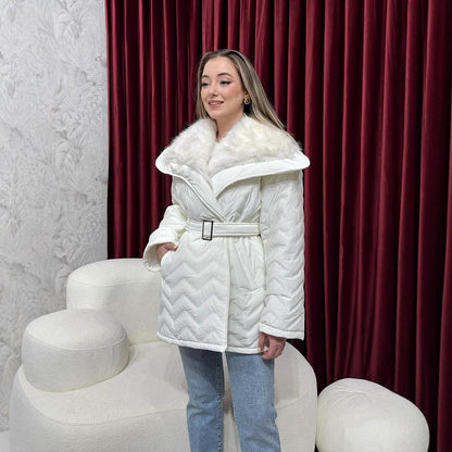 Ladies Shiny Padded Jacket with Waist Belt and Voluminous Faux Fur Collar EVA-US