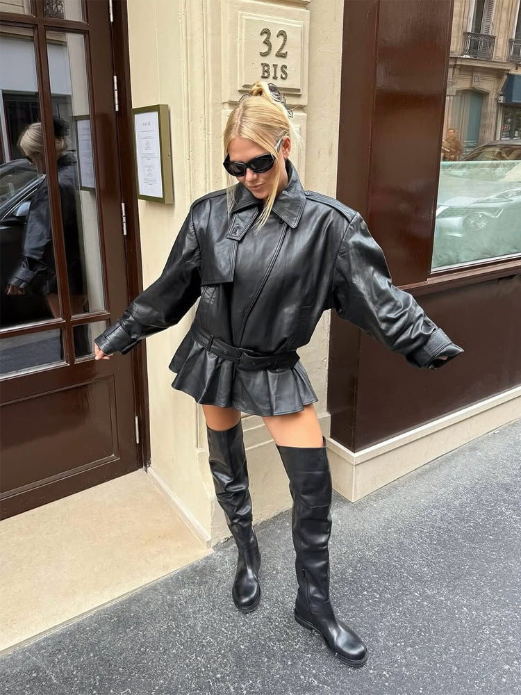 Women Oversize Leather Jacket with Shaping Tie Belt and Ruffle Hem EVA-US
