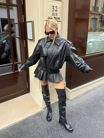 Women Oversize Leather Jacket with Shaping Tie Belt and Ruffle Hem EVA-US