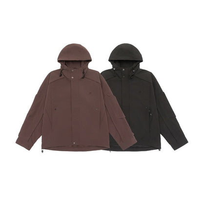 Unisex technical hooded field jacket in boxy cut with concealed front and multifunctional pockets EVA-US