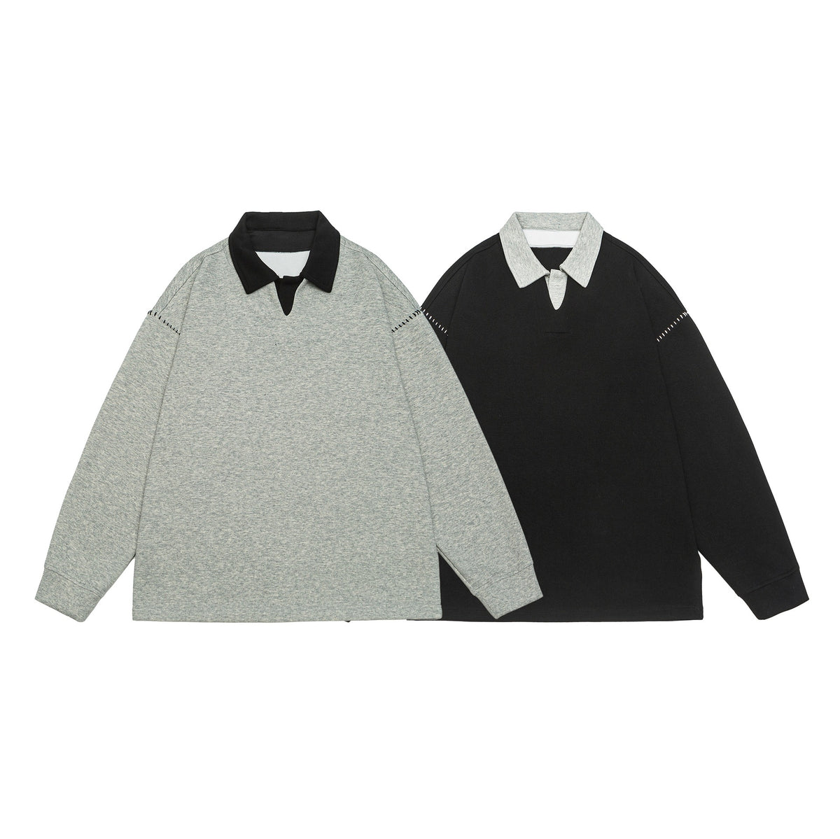 Unisex Oversize Polo Collar Sweatshirt with Contrast Collar and Decorative Perforation EVA-US