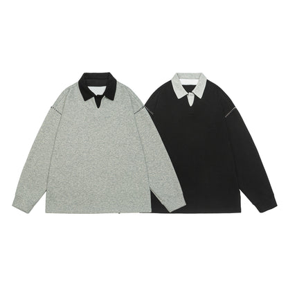 Unisex Oversize Polo Collar Sweatshirt with Contrast Collar and Decorative Perforation EVA-US
