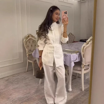 Women Long Shirt Blouse with Fine Pleats, Stand Collar and Tied Belt EVA-US