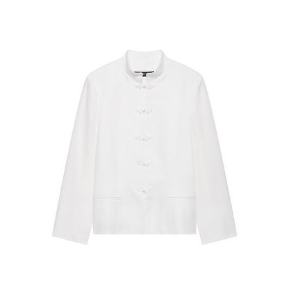 Women's Boxy Short Jacket with Stand-up Collar, Decorative Knot Closures and Welt Pockets EVA-US