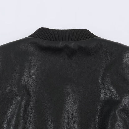 Women's bomber jacket in leather look with hidden flap, figure-hugging ribbed waistband and slanted flap pockets EVA-US