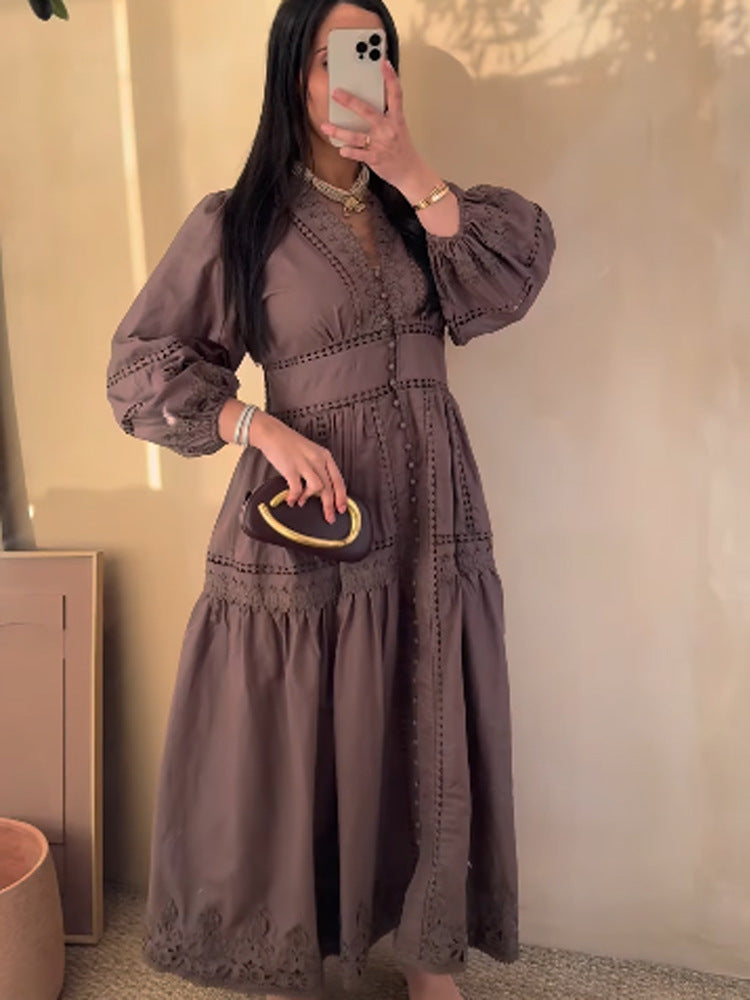 Women's maxi dress in boho style with lace inserts, button placket and balloon sleeves EVA-US