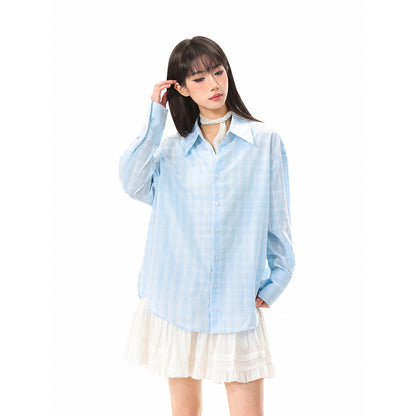 Women Loose Boxy Shirt with Kent Collar, Rounded Hem and Fine Check Pattern EVA-US
