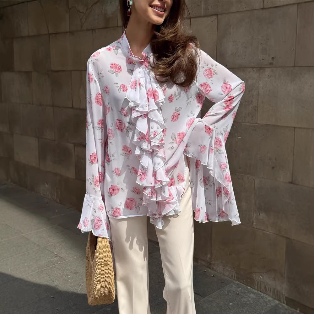 Women Chiffon Blouse with Rose Print, Ruffle Tiers and Bell Sleeves EVA-US