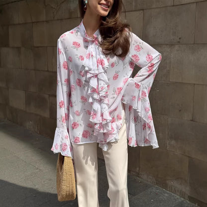 Women Chiffon Blouse with Rose Print, Ruffle Tiers and Bell Sleeves EVA-US