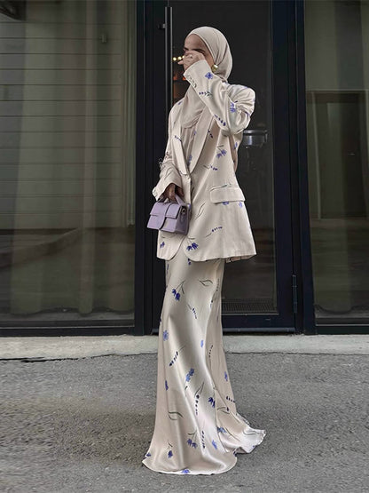 Women's Two-Piece Satin Suit with Floral Maxi Skirt and Oversized Blazer EVA-US