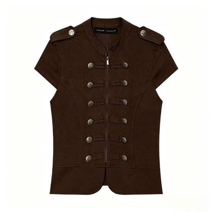 Women’s short-sleeved military-inspired vest with decorative straps and metal buttons EVA-US