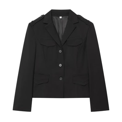 Women's Cropped Military-inspired Short Blazer with Shoulder Pads and Flap Pockets EVA-US