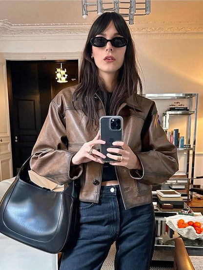 Women's cropped boxy jacket made of vegan leather with shirt collar EVA-US