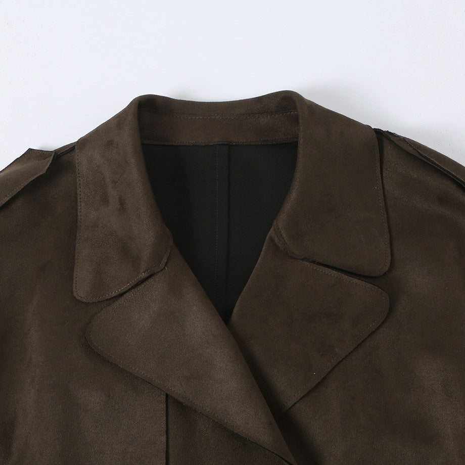 Women long cut trench coat made of suede look with tie belt EVA-US