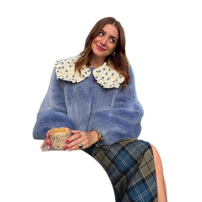 Women's Short Faux Fur Jacket with Distinctive Crochet Collar EVA-US