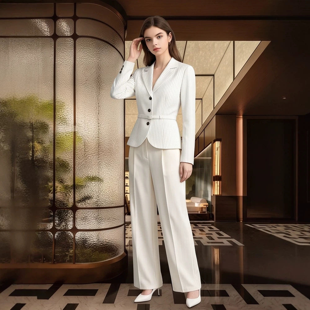 Women Tailored Pinstripe Blazer and Palazzo Pants Set EVA-US