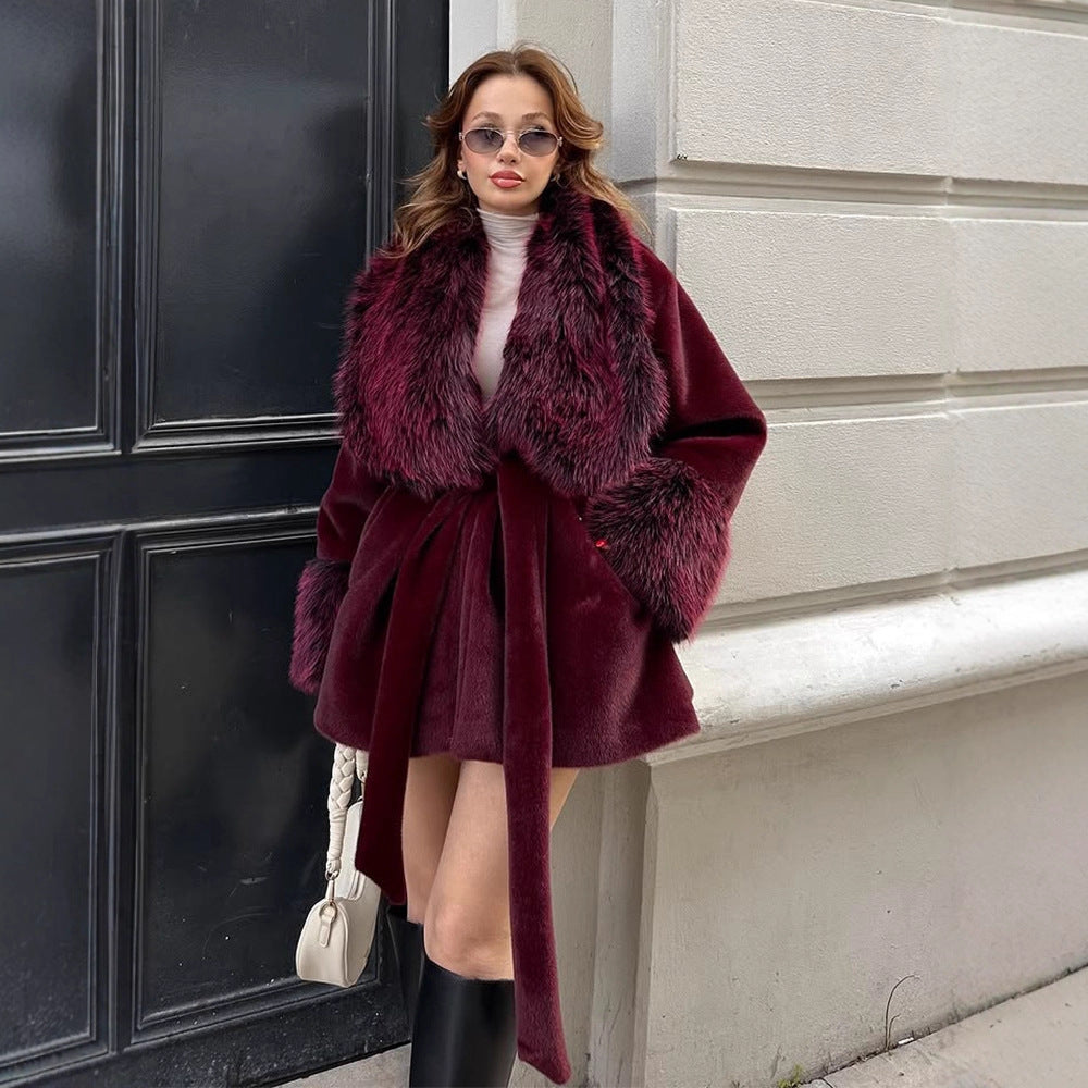 Women's Short Faux Fur Coat with Voluminous Shawl Collar, Waist Belt, and Fur Cuffs EVA-US