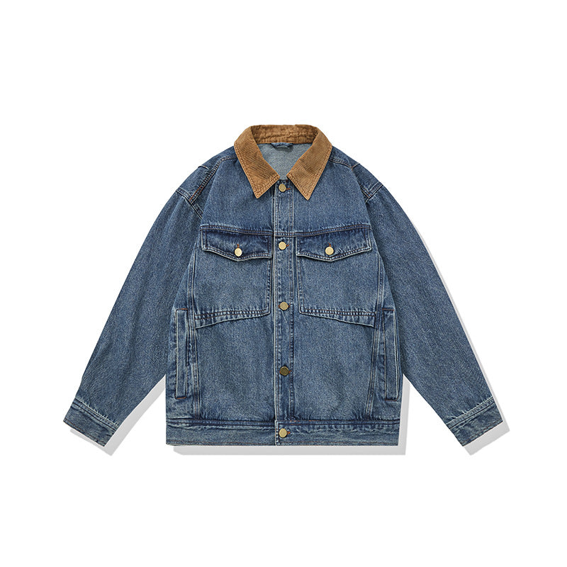Men's Boxy Denim Blouson Jacket with Cord Collar and Multi-Function Flap Pockets EVA-US