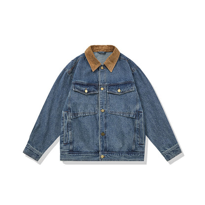 Men's Boxy Denim Blouson Jacket with Cord Collar and Multi-Function Flap Pockets EVA-US