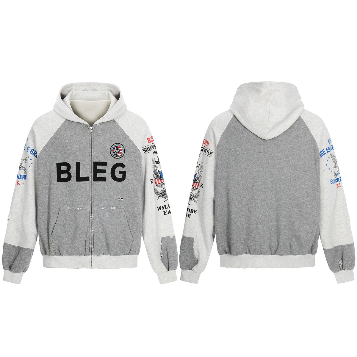 Men's Zip Hoodie in Vintage College Look with Raglan Sleeves and Distressed Details EVA-US