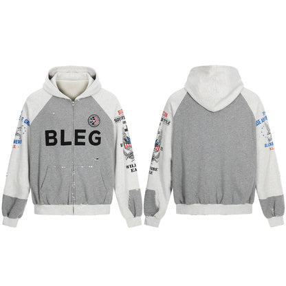 Men's Zip Hoodie in Vintage College Look with Raglan Sleeves and Distressed Details EVA-US