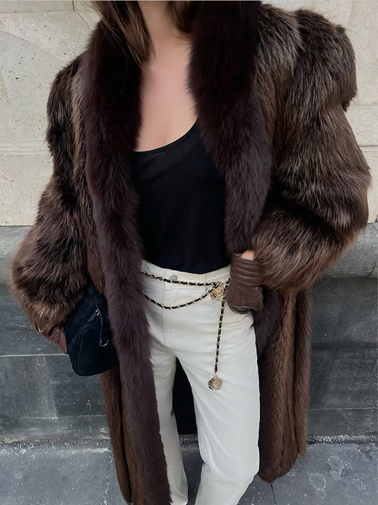 Women Luxurious Long Fur Coat with Wide Collar and Voluminous Sleeves EVA-US