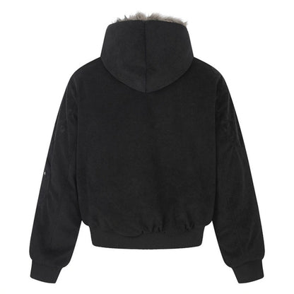 Ladies Oversize Velvet Bomber Jacket with Hood, Faux Fur Lining and Zipper Front EVA-US