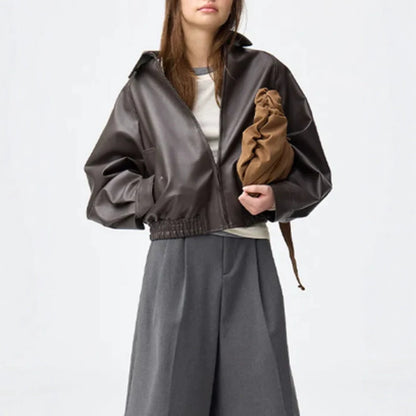 Women Boxy Cropped Faux Leather Jacket with Concealed Zipper and Elastic Hem EVA-US