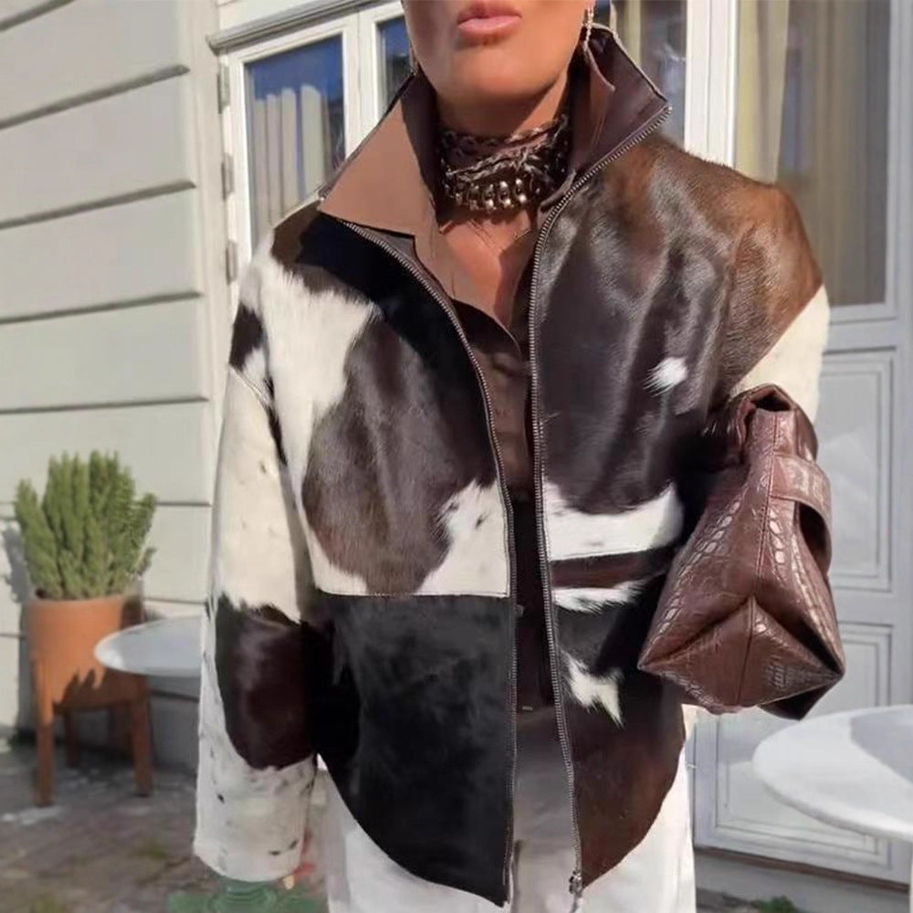 Women's short jacket made of shaggy faux fur with patchwork look and high stand-up collar EVA-US