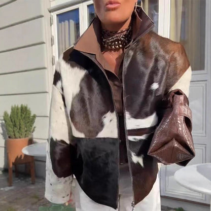 Women's short jacket made of shaggy faux fur with patchwork look and high stand-up collar EVA-US