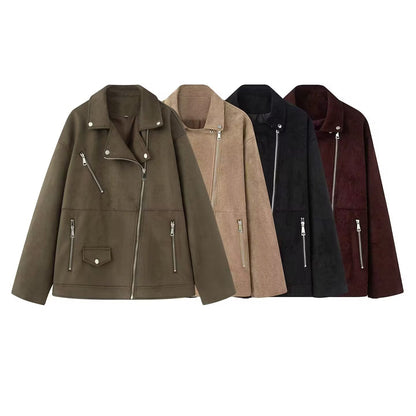 Women Asymmetrical Suede Leather Look Biker Jacket with Stand-Up Collar and Zippers EVA-US