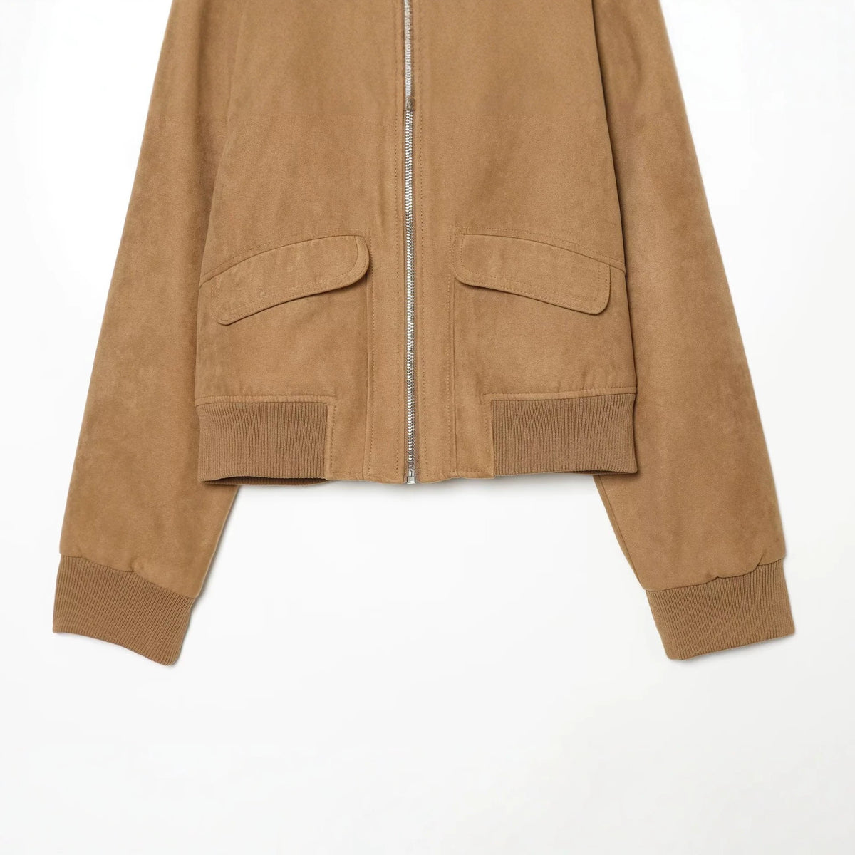 Women's Short Jacket in Suede Look Bomber with Zipper, Flap Pockets and Ribbed Cuffs EVA-US